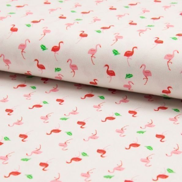 Tissu Piqué de Coton Flamant rose et rouge sur fond Blanc - Par 10 cm