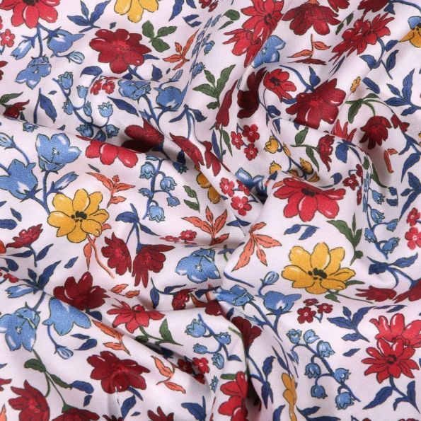 Tissu Popeline de coton Sweet Flower Rebecca bordeaux sur fond Blanc - Par 10 cm