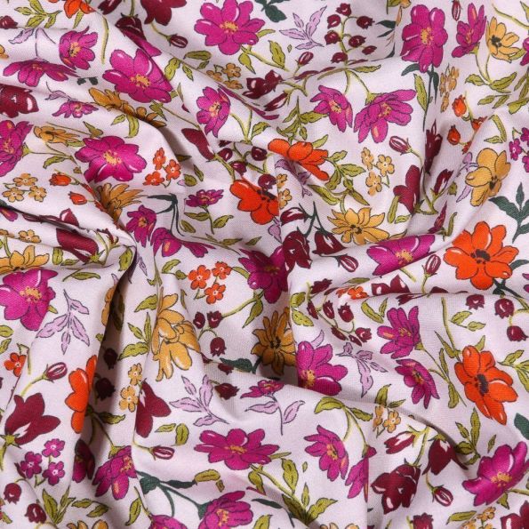 Tissu Popeline de coton Sweet Flower Rebecca rose sur fond Blanc - Par 10 cm