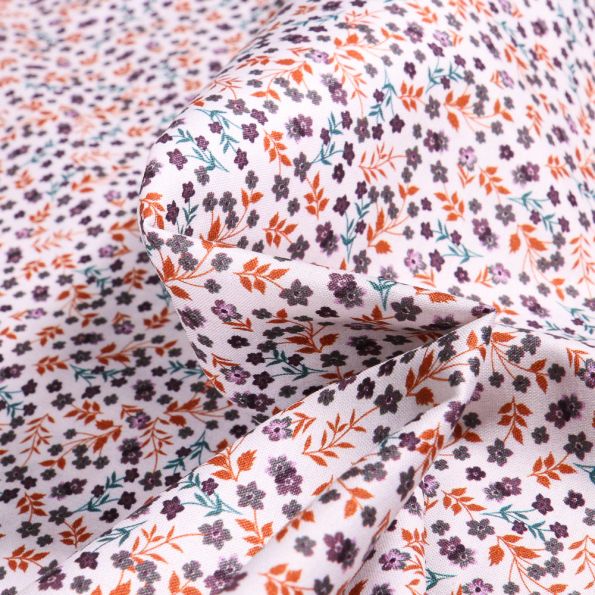 Tissu Popeline de coton Sweet Flower Constance violet sur fond Blanc - Par 10 cm