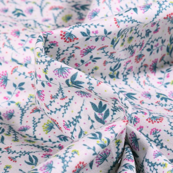 Tissu Popeline de coton Sweet Flower Flora rose sur fond Blanc - Par 10 cm
