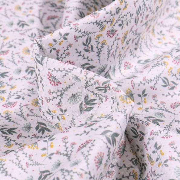 Tissu Popeline de coton Sweet Flower Flora vert d'eau sur fond Blanc - Par 10 cm