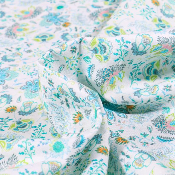 Tissu Popeline de coton Sweet Flower Camille vert sur fond Blanc - Par 10 cm