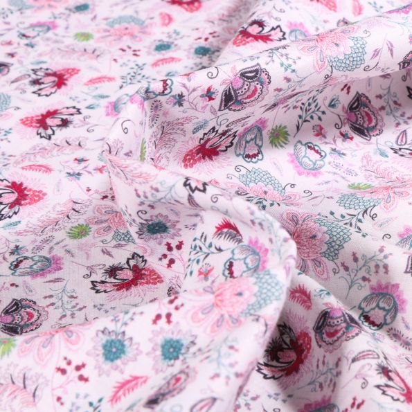 Tissu Popeline de coton Sweet Flower Camille rose sur fond Blanc - Par 10 cm