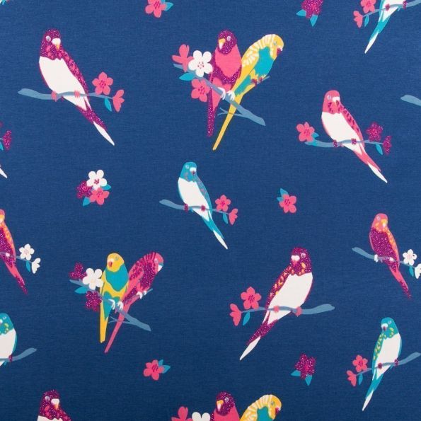 Tissu Jersey Coton Birds glitter Roses / Jaunes sur fond Marine - Par 10 cm