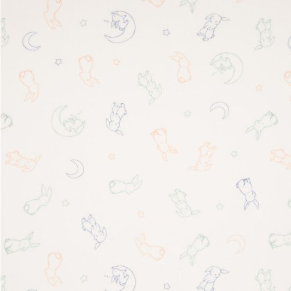 Tissu Jersey Velours tout doux Lapins bleus, oranges et verts sur fond Blanc - Par 10 cm