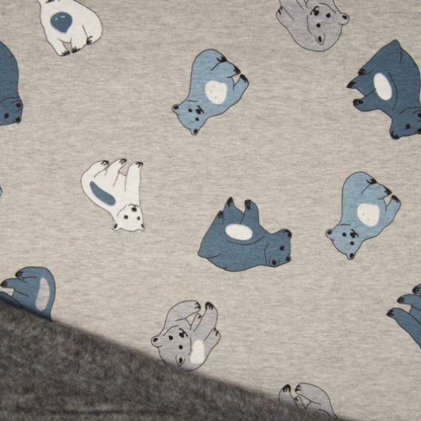 Tissu Sweat envers minky Ours polaire bleu et blanc sur fond Gris chiné - Par 10 cm