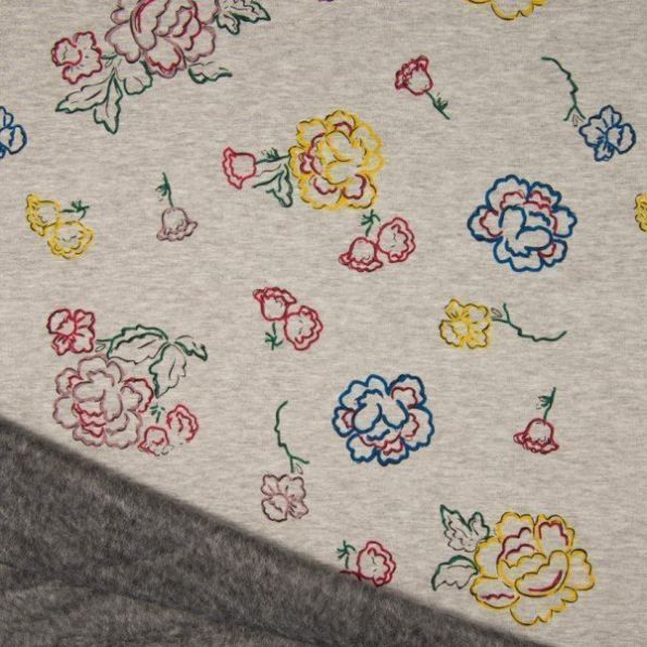 Tissu Sweat envers Minky Fleurs Jaune, Rouge et Bleu sur fond Gris clair chiné - Par 10 cm