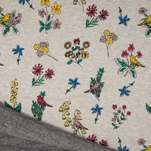 Tissu Sweat envers minky Bouquets de fleurs et oiseaux sur fond Gris chiné - Par 10 cm