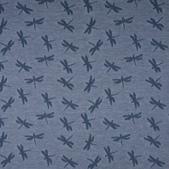 Tissu Jersey Jacquard Libellules bleu denim sur fond Bleu chiné - Par 10 cm