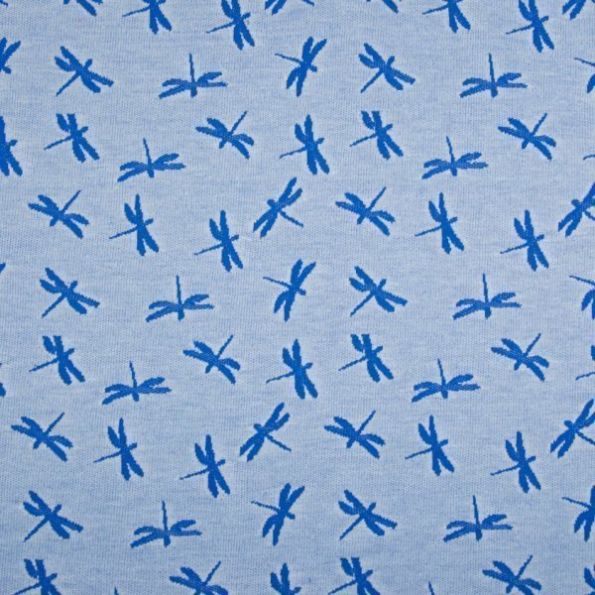 Tissu Jersey Jacquard  Libellules bleu roi sur fond Bleu ciel chiné - Par 10 cm