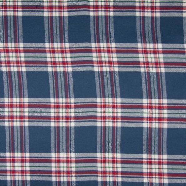 Tissu  flanelle de coton Carreaux rouge et blanc sur fond Bleu denim - Par 10 cm