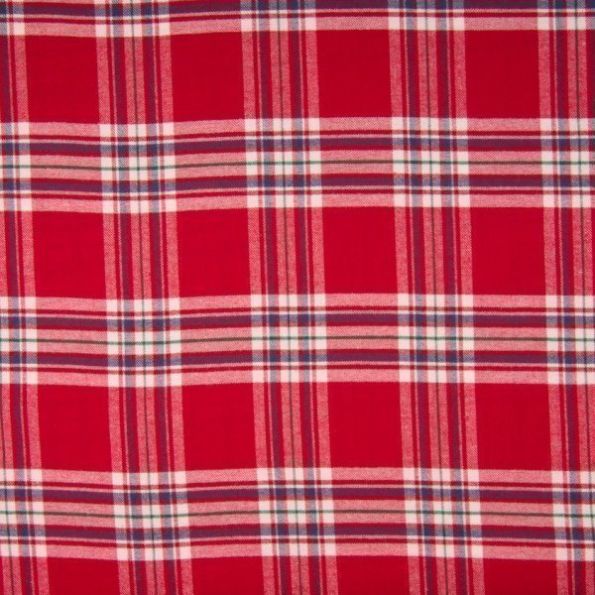 Tissu  flanelle de coton Carreaux blanc et bleu sur fond Rouge - Par 10 cm