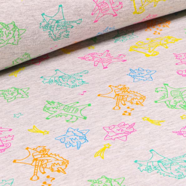 Tissu Sweat envers minky Licorne Rock'n roll sur fond Gris chiné - Par 10 cm