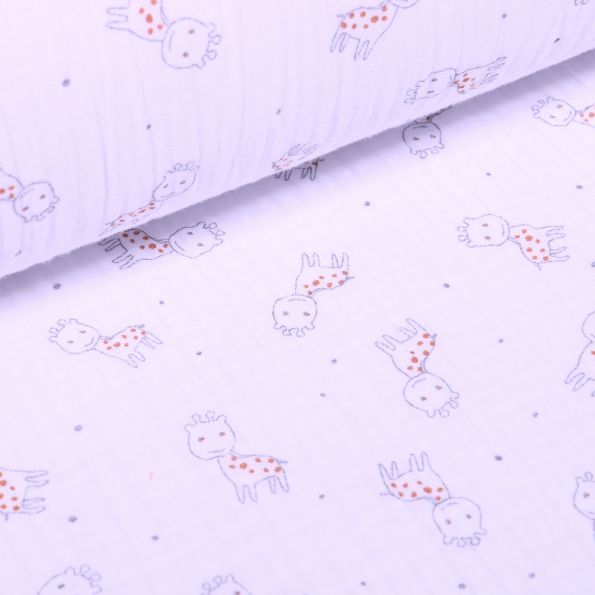 Tissu Triple gaze Girafe sur fond Blanc - Par 10 cm