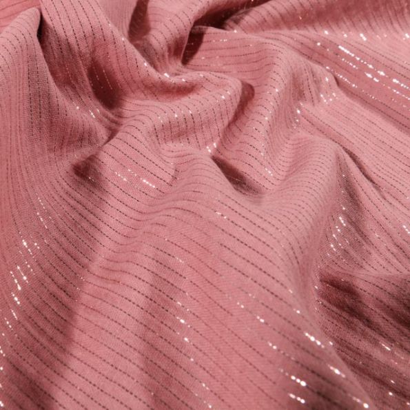 Tissu Double gaze Rayures lurex Vieux rose - Par 10 cm