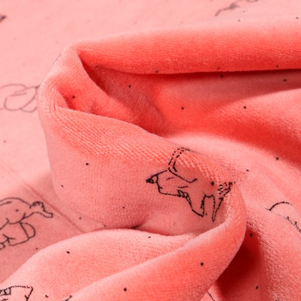 Tissu Jersey Velours tout doux Eléphanteau sur fond Corail - Par 10 cm