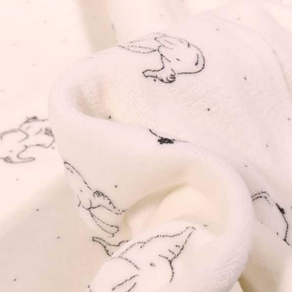 Tissu Jersey Velours tout doux Eléphanteau sur fond Blanc cassé - Par 10 cm