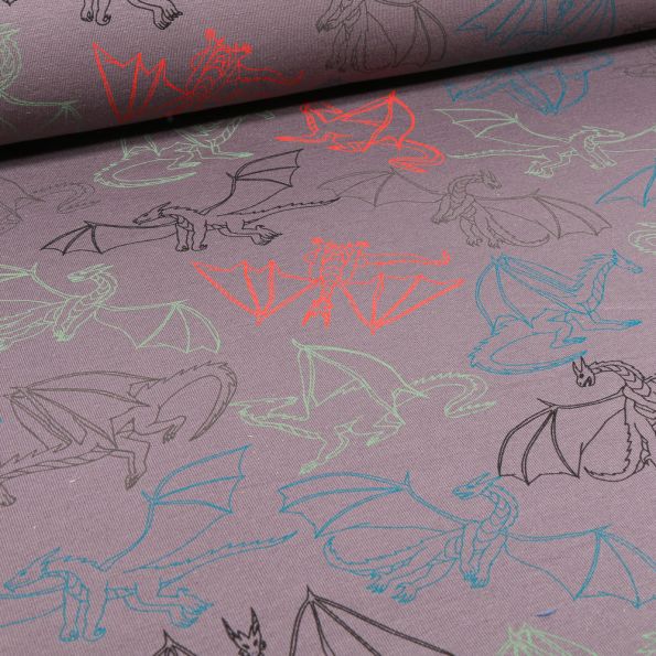Tissu Jersey Coton Dragons multicolores sur fond Gris anthracite - Par 10 cm