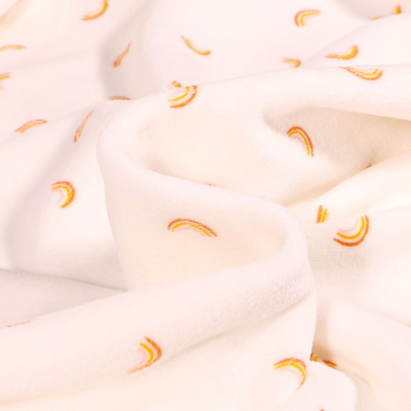 Tissu Jersey Velours tout doux Rainbow sur fond Blanc - Par 10 cm