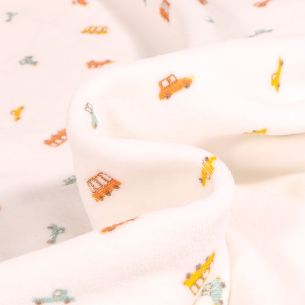 Tissu Jersey Velours tout doux Voitures et bus colorés sur fond Blanc cassé - Par 10 cm
