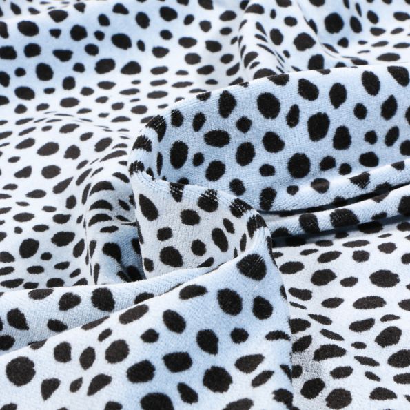 Tissu Jersey Velours tout doux Dalmatien sur fond Bleu ciel - Par 10 cm