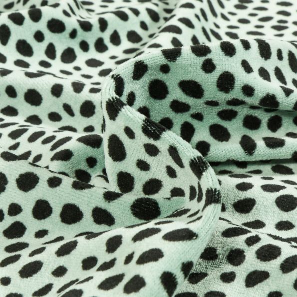 Tissu Jersey Velours tout doux Dalmatien sur fond Vert menthe - Par 10 cm