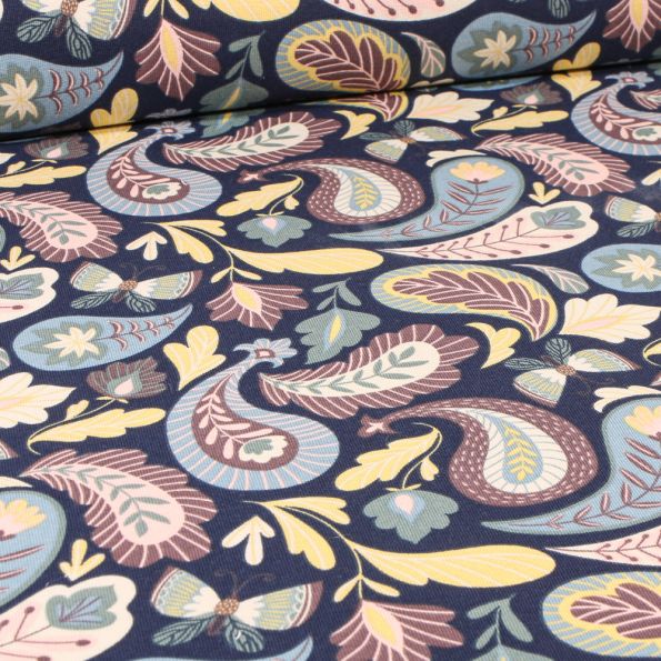 Tissu Sweat léger Papillons et motifs cachemire sur fond Bleu marine - Par 10 cm