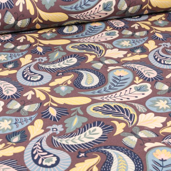 Tissu Sweat léger Papillons et motifs cachemire sur fond Bois de rose - Par 10 cm