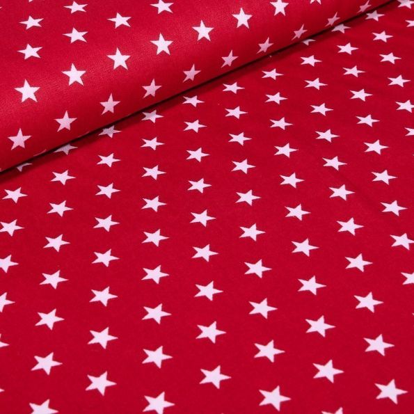 Tissu Coton imprimé Etoiles blanches sur fond Rouge - Par 10 cm