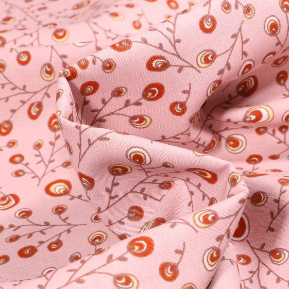 Tissu Coton imprimé Bio Branches et bourgeons sur fond Rose pâle - Par 10 cm