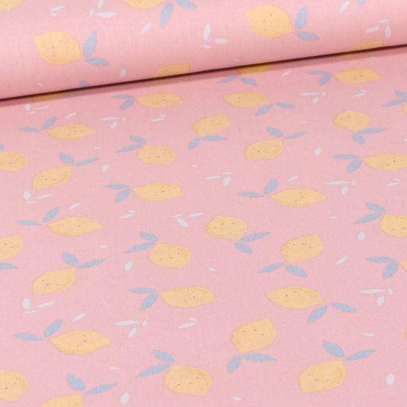 Tissu Coton imprimé Bio Petit citron pastel sur fond Rose - Par 10 cm