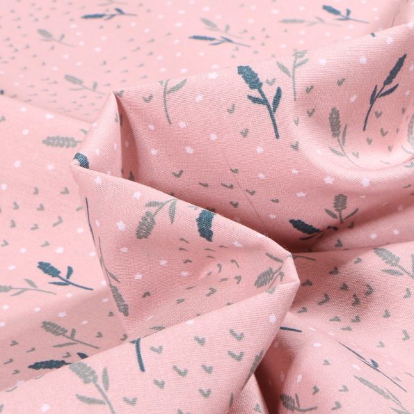 Tissu Coton imprimé Bio Epis de blé sur fond Rose - Par 10 cm