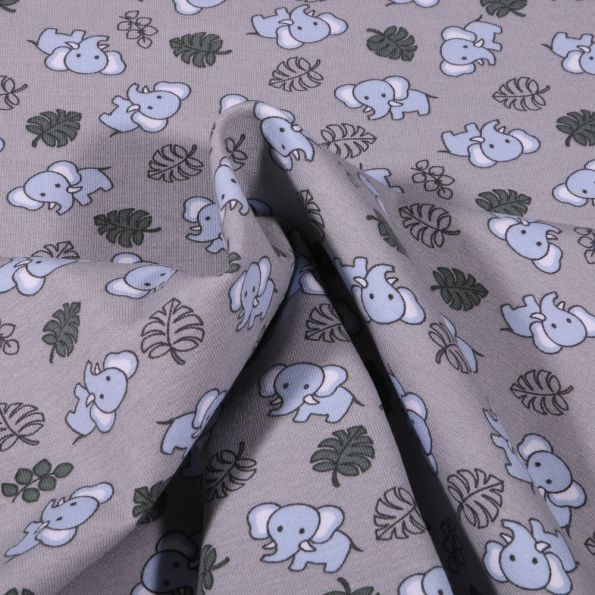 Tissu Jersey Coton Bio Eléphanteau et feuilles sur fond Gris - Par 10 cm