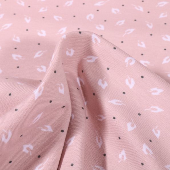 Tissu Jersey Coton Bio Pétales et petits pois sur fond Rose bébé - Par 10 cm