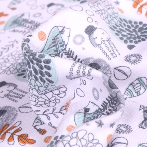 Tissu Jersey Coton Bio Fonds marins sur fond Blanc - Par 10 cm