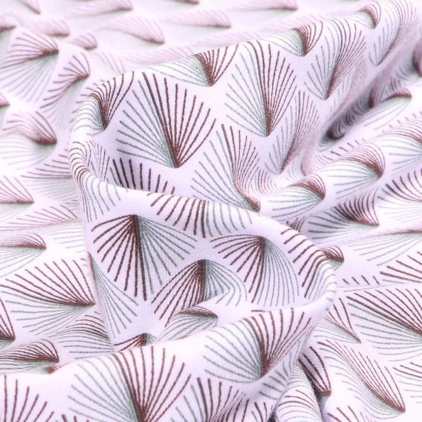 Tissu Jersey Coton Bio Feuilles de chama marron sur fond Blanc - Par 10 cm