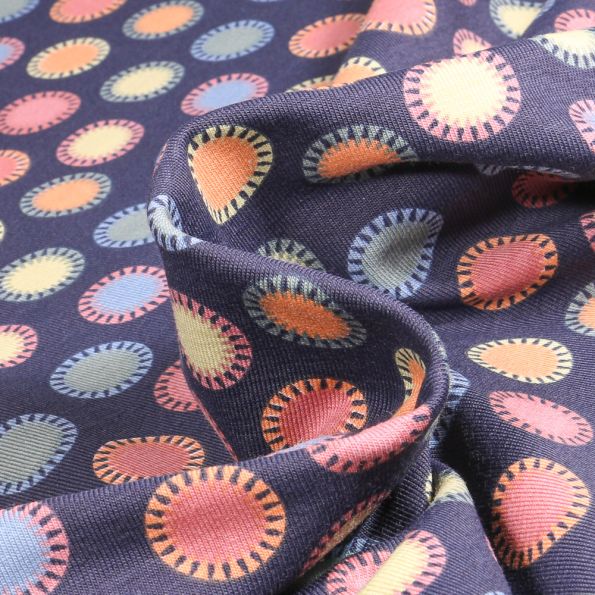 Tissu Jersey Coton Bio Rond pompon colorés sur fond Bleu marine - Par 10 cm