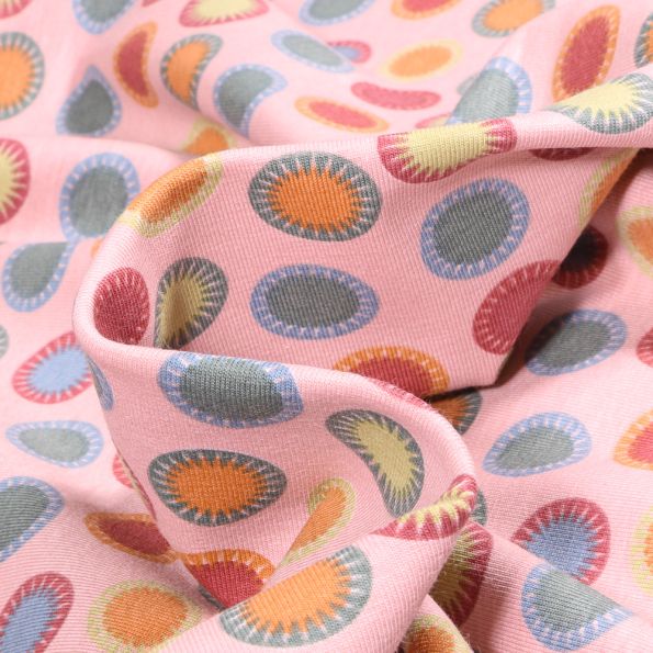 Tissu Jersey Coton Bio Rond pompon colorés sur fond Rose pâle - Par 10 cm