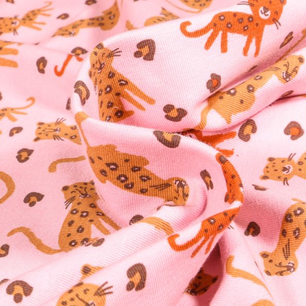 Tissu Jersey coton Bio Baby panthère sur fond Rose - Par 10 cm