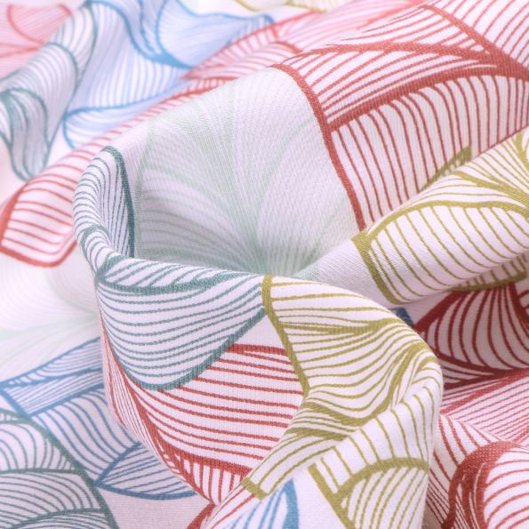 Tissu Sweat léger envers gratté Bio Grandes feuilles géométriques colorées sur fond Blanc - Par 10 cm