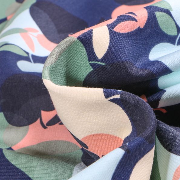 Tissu Sweat léger envers gratté Bio Pommes et poires colorées sur fond Bleu marine - Par 10 cm