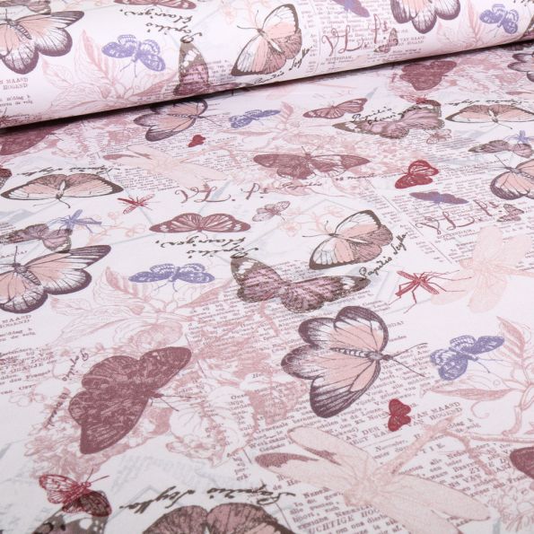 Tissu Jersey Bio Butterletter rose sur fond Blanc cassé - Par 10 cm