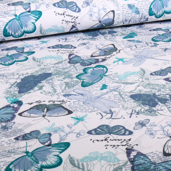 Tissu Jersey Bio Butterletter bleu sur fond Blanc cassé - Par 10 cm