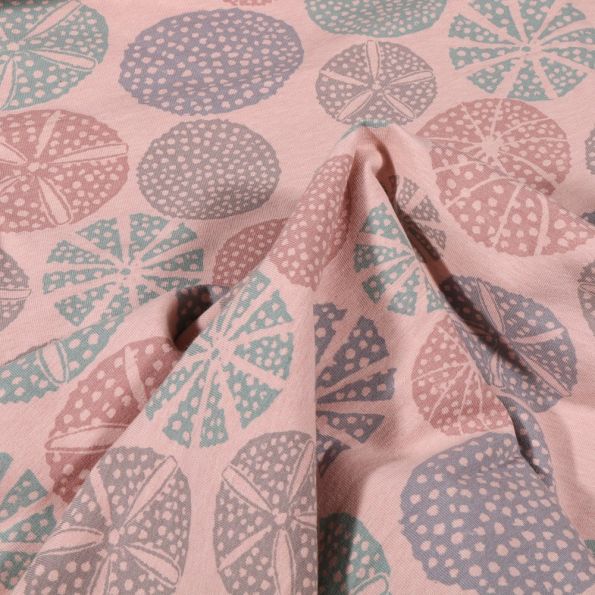 Tissu Sweat envers molletonné Bio Oursins sur fond Rose pastel - Par 10 cm