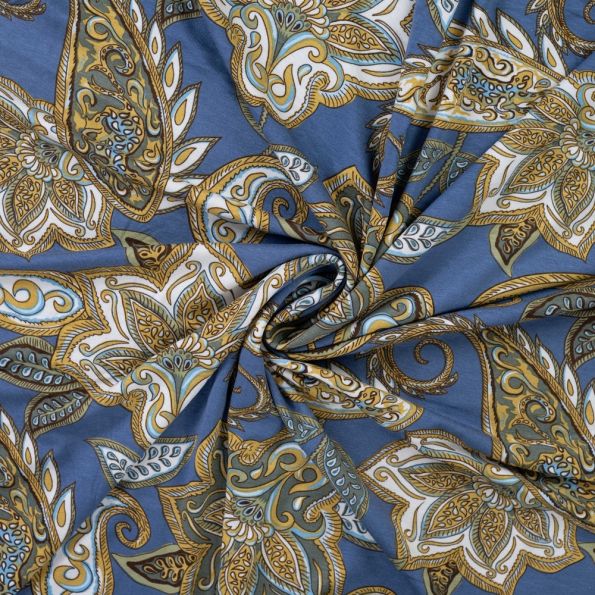 Tissu Jersey Viscose Kasmira Floral  Bohème sur fond Bleu denim - Par 10 cm