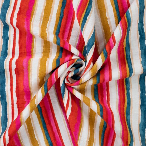 Tissu Viscose texturé Rayures Aquarelle Fuschia & Bleu Canard sur fond Ivoire - Par 10 cm