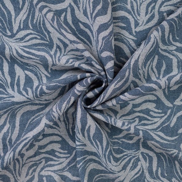 Tissu Viscose texturé Feuillage Organique sur fond Bleu denim - Par 10 cm
