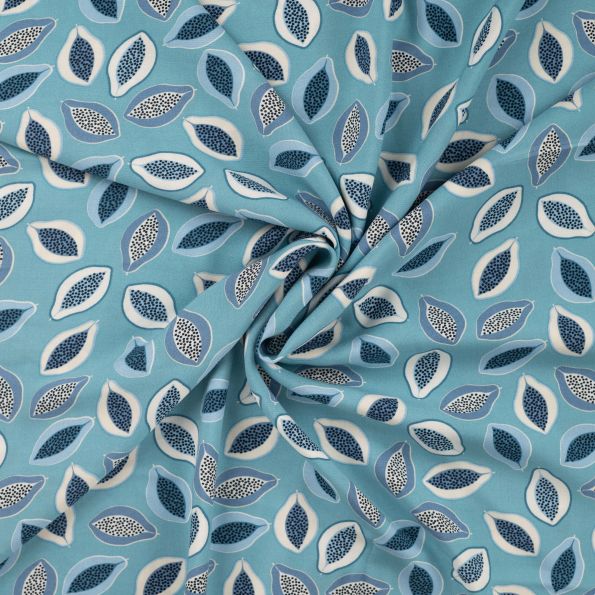 Tissu Viscose Chally Papaya sur fond Bleu - Par 10 cm