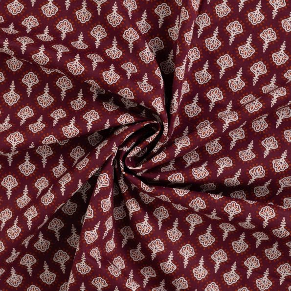 Tissu Voile de Coton Eventails stylisés sur fond Bordeaux - Par 10 cm